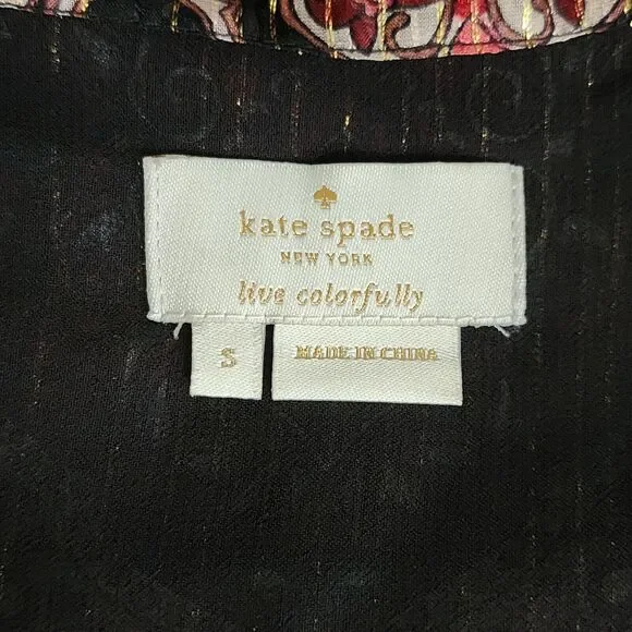 Kate Spade Womens Blouse Red Gold Black Long Sleeve Ruffles Sheer *FLAW* Size S - Picture 5 of 9
